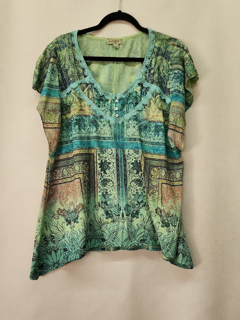 🚨2/$25 or 5/$50🚨ONE WORLD Teal Green Boho Printed Scoop Neck Blouse